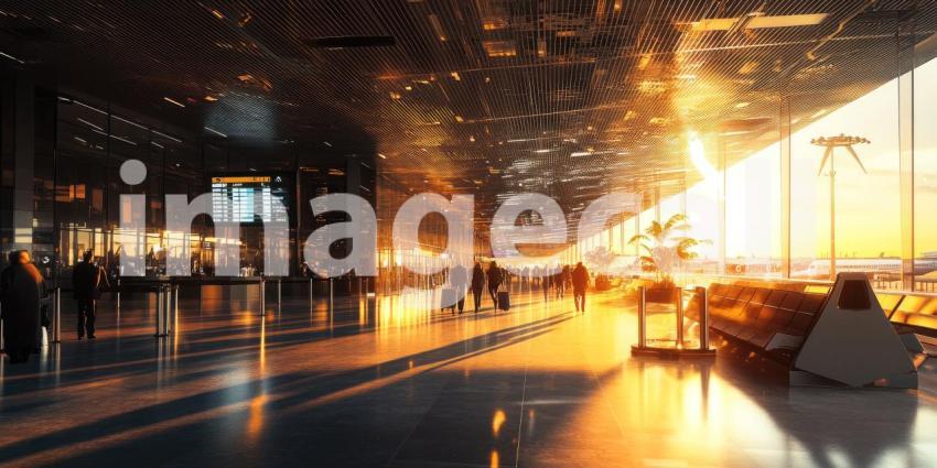Waiting Area at Airport Terminal, Highlighting Tarmac Views, Flight Information Boards, and Anticipative Travelers