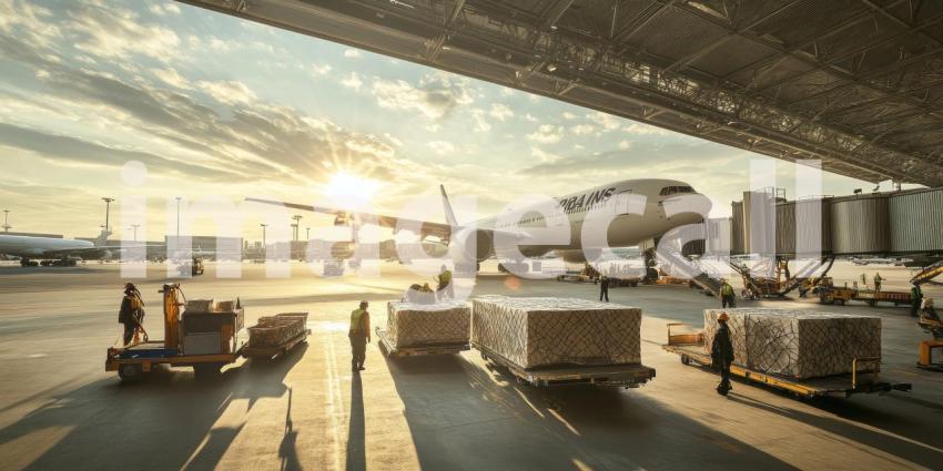 Airport at Golden Hour: Cargo Trucks and Planes in Warm Sunset Glow, a Hub of Global Logistics.