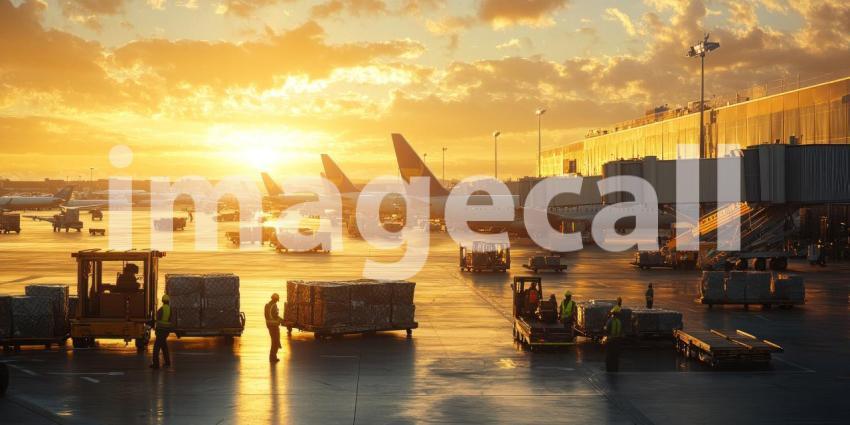 Airport at Golden Hour: Cargo Trucks and Planes in Warm Sunset Glow, a Hub of Global Logistics.