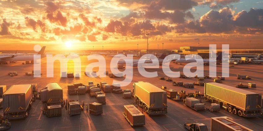 Airport at Golden Hour: Cargo Trucks and Planes in Warm Sunset Glow, a Hub of Global Logistics.