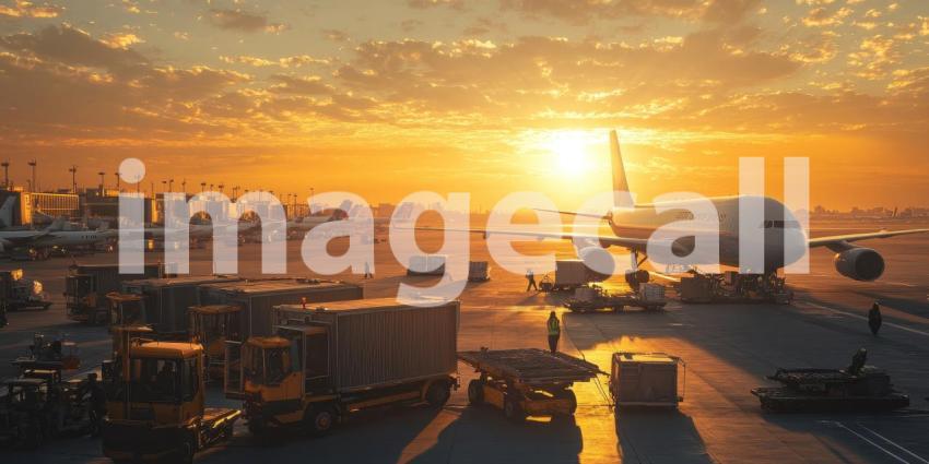 Airport at Golden Hour: Cargo Trucks and Planes in Warm Sunset Glow, a Hub of Global Logistics.