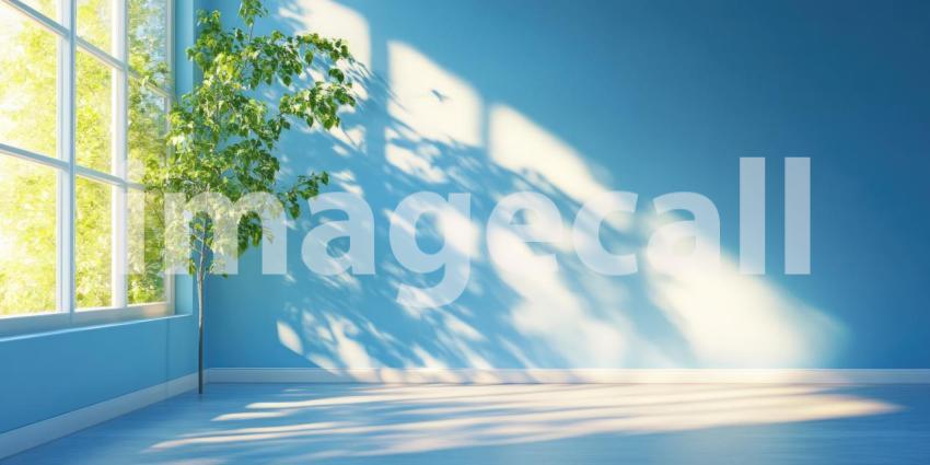 Azure Room Solitude: Sunlight Streams Through Window, Casting Geometric Shadows on Blue Walls and a Glossy Floor.