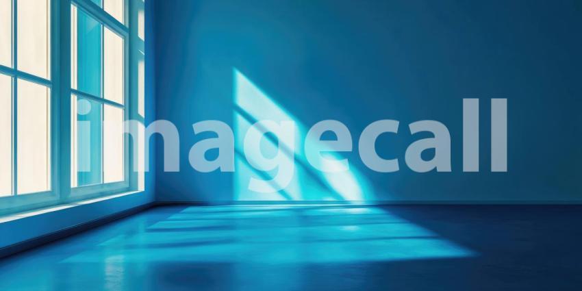 Azure Room Solitude: Sunlight Streams Through Window, Casting Geometric Shadows on Blue Walls and a Glossy Floor.