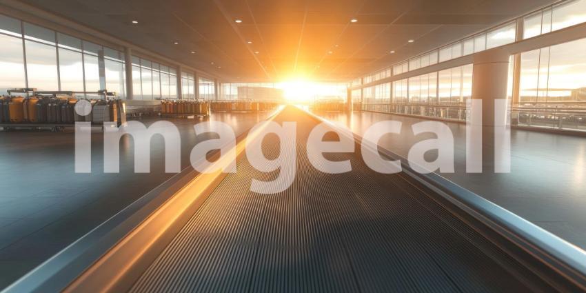 Airport at Golden Hour: Cargo Trucks and Planes in Warm Sunset Glow, a Hub of Global Logistics.