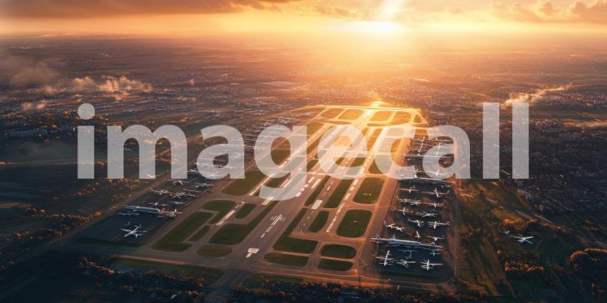 Runway at Sunrise: Airplanes Line Up, Golden Light Bathes the Airport, a Promise of Journeys to Begin.