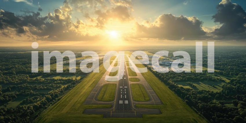 Runway at Sunrise: Airplanes Line Up, Golden Light Bathes the Airport, a Promise of Journeys to Begin.