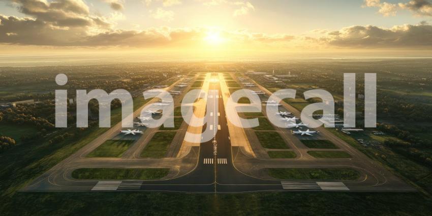Runway at Sunrise: Airplanes Line Up, Golden Light Bathes the Airport, a Promise of Journeys to Begin.