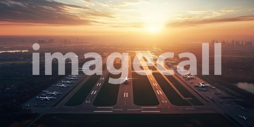 Runway at Sunrise: Airplanes Line Up, Golden Light Bathes the Airport, a Promise of Journeys to Begin.