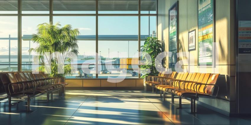 Airport at Dusk: Pink and Orange Skies Frame the Terminal, a Plane Waits, Twilight's Soft Glow on the Tarmac.