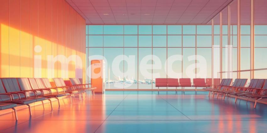 Airport at Dusk: Pink and Orange Skies Frame the Terminal, a Plane Waits, Twilight's Soft Glow on the Tarmac.