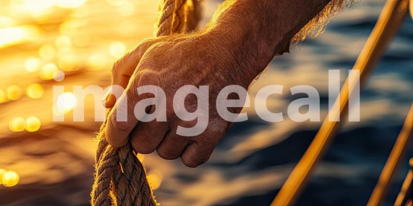 Rugged Hand Gripping Thick Rope: Sunset Illuminating Oceans Texture, Portraying Dedication and Perseverance