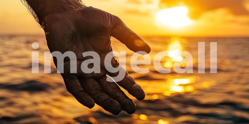 Rugged Hand Gripping Thick Rope: Sunset Illuminating Oceans Texture, Portraying Dedication and Perseverance