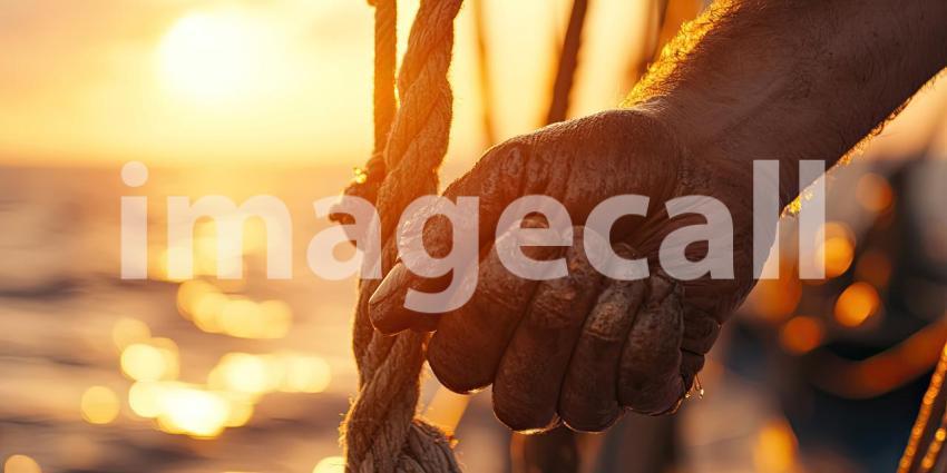 Rugged Hand Gripping Thick Rope: Sunset Illuminating Oceans Texture, Portraying Dedication and Perseverance