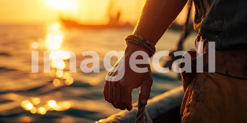 Rugged Hand Gripping Thick Rope: Sunset Illuminating Oceans Texture, Portraying Dedication and Perseverance