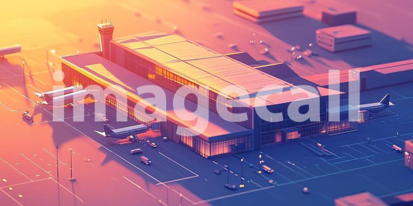 Airport at Dusk: Pink and Orange Skies Frame the Terminal, a Plane Waits, Twilight's Soft Glow on the Tarmac.