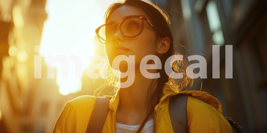 Adventurous Traveler in Straw Hat and Yellow Backpack, Standing Amid Rocky Terrain Under Radiant Sunlight