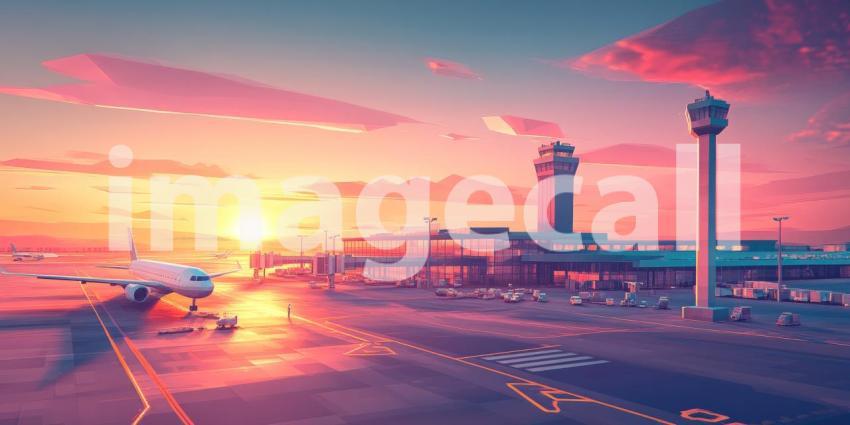 Airport at Dusk: Pink and Orange Skies Frame the Terminal, a Plane Waits, Twilight's Soft Glow on the Tarmac.