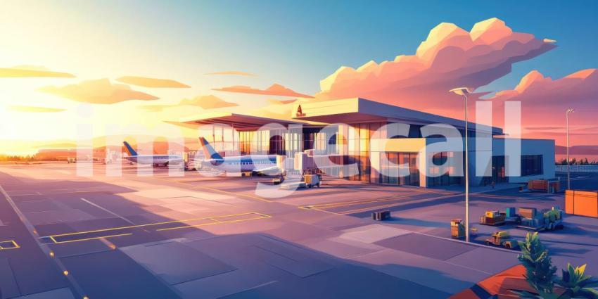 Airport at Dusk: Pink and Orange Skies Frame the Terminal, a Plane Waits, Twilight's Soft Glow on the Tarmac.