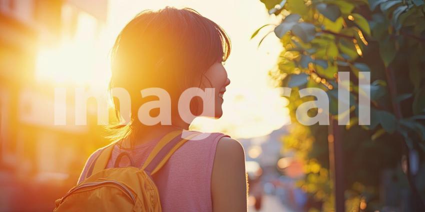 Adventurous Traveler in Straw Hat and Yellow Backpack, Standing Amid Rocky Terrain Under Radiant Sunlight
