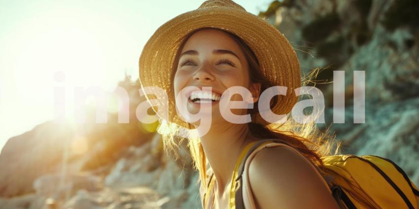 Adventurous Traveler in Straw Hat and Yellow Backpack, Standing Amid Rocky Terrain Under Radiant Sunlight