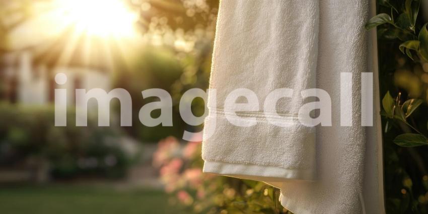 Sunlit Towel Serenity: Soft Fabric Hangs in Golden Morning Light, a Moment of Simple, Warm Comfort.