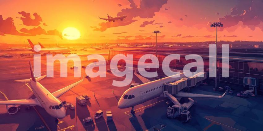 Airport at Dusk: Pink and Orange Skies Frame the Terminal, a Plane Waits, Twilight's Soft Glow on the Tarmac.