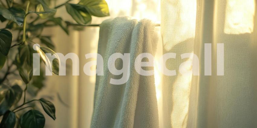 Sunlit Towel Serenity: Soft Fabric Hangs in Golden Morning Light, a Moment of Simple, Warm Comfort.