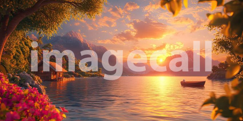 Golden Sunset Farm: Rolling Hills and Fields Bathed in Warm Light, a Red Barn Stands in Rural Peace.