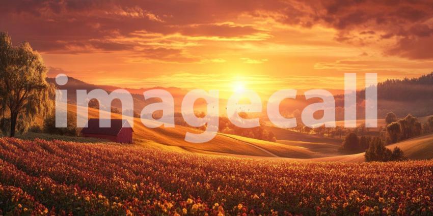 Golden Sunset Farm: Rolling Hills and Fields Bathed in Warm Light, a Red Barn Stands in Rural Peace.