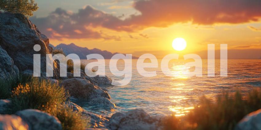 Golden Sunset Farm: Rolling Hills and Fields Bathed in Warm Light, a Red Barn Stands in Rural Peace.