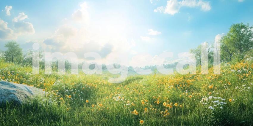 Sunlit Meadow Bloom: Wildflowers and Grass Sway in Gentle Breeze, a Sunny Landscape of Peace and Natural Beauty.
