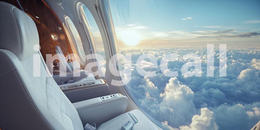 Airplane Window View: Leather Seat and Golden Sunset Clouds, a Journey Above the World in Warm, Tranquil Light.