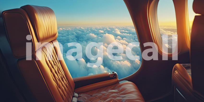 Airplane Window View: Leather Seat and Golden Sunset Clouds, a Journey Above the World in Warm, Tranquil Light.