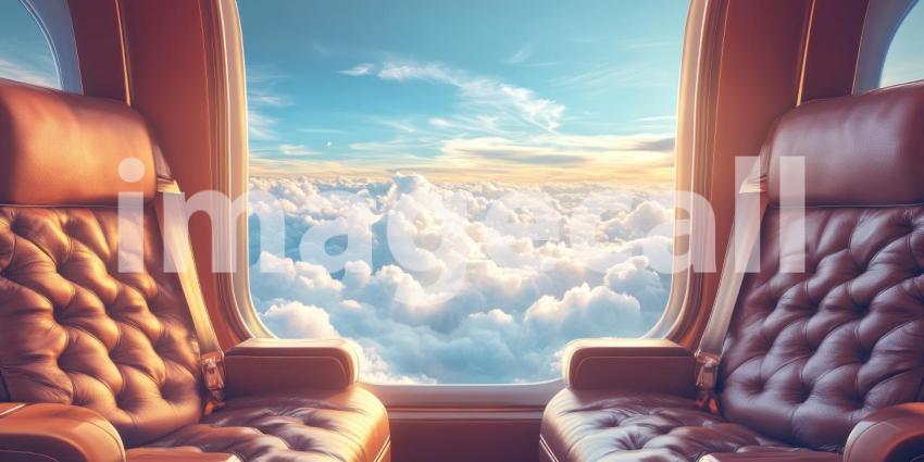 Airplane Window View: Leather Seat and Golden Sunset Clouds, a Journey Above the World in Warm, Tranquil Light.