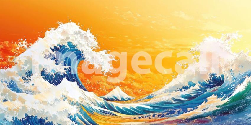 Mount Fuji Waves: Sunset Glow on Crashing Seas, a Majestic Mountain Backdrop in a Vibrant, Dynamic Landscape.