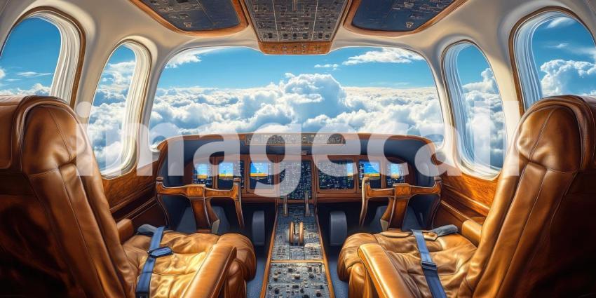 Airplane Window View: Leather Seat and Golden Sunset Clouds, a Journey Above the World in Warm, Tranquil Light.