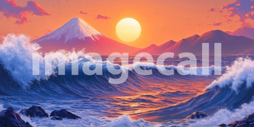 Mount Fuji Waves: Sunset Glow on Crashing Seas, a Majestic Mountain Backdrop in a Vibrant, Dynamic Landscape.