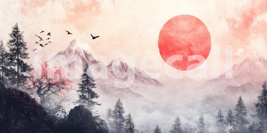 Crimson Moon Over Mountains: Silhouetted Trees and Birds in an Ethereal Landscape, a Dreamlike Scene of Tranquil Mystery.