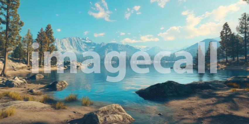 Mountain Lake Reflection: Snow-Capped Peaks and Evergreen Trees, a Tranquil Scene of Clear Skies and Calm, Mirror-Like Waters.