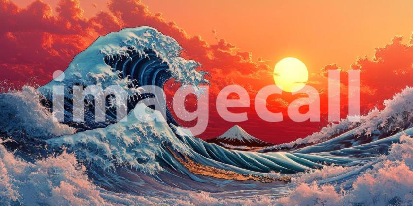 Mount Fuji Waves: Sunset Glow on Crashing Seas, a Majestic Mountain Backdrop in a Vibrant, Dynamic Landscape.