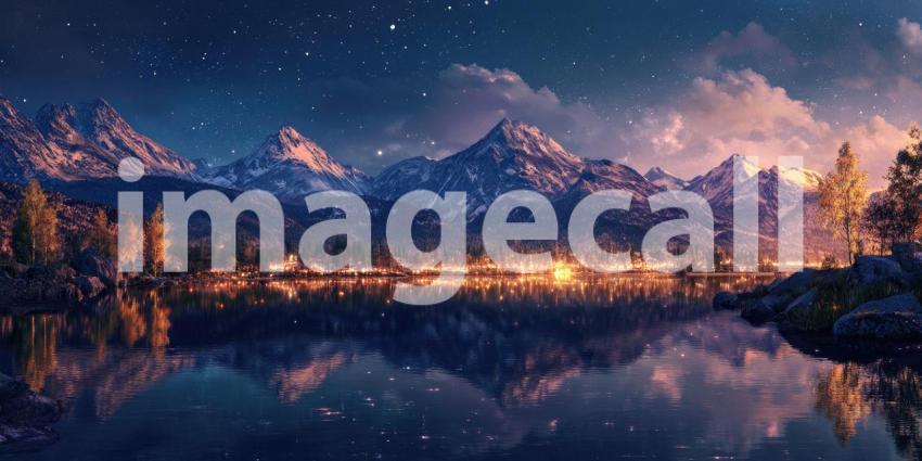 Starlit Mountain Lake: Fiery Sunset Glow Meets Night Sky, Reflections in Still Waters, a Serene Landscape of Contrasting Beauty.