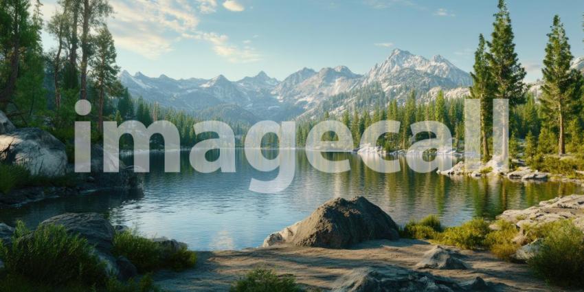 Mountain Lake Reflection: Snow-Capped Peaks and Evergreen Trees, a Tranquil Scene of Clear Skies and Calm, Mirror-Like Waters.