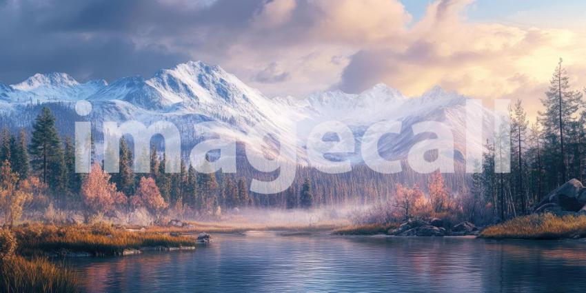 Mountain Lake Reflection: Snow-Capped Peaks and Evergreen Trees, a Tranquil Scene of Clear Skies and Calm, Mirror-Like Waters.