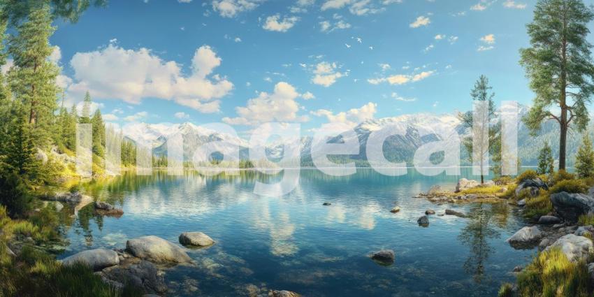 Mountain Lake Reflection: Snow-Capped Peaks and Evergreen Trees, a Tranquil Scene of Clear Skies and Calm, Mirror-Like Waters.