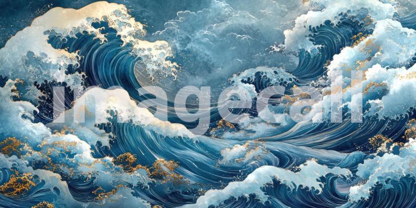 Mount Fuji Waves: Sunset Glow on Crashing Seas, a Majestic Mountain Backdrop in a Vibrant, Dynamic Landscape.