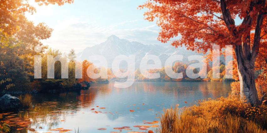 Autumn Mountain Lake Vista: Golden Trees and Snow-Capped Peaks Frame Still Waters, a Serene Landscape in Soft, Misty Light.