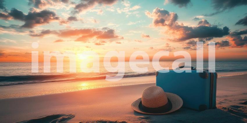 Beachside Getaway: Suitcase and Hat Await at Sunset Shore, a Tranquil Escape to Ocean's Edge and Painted Skies.