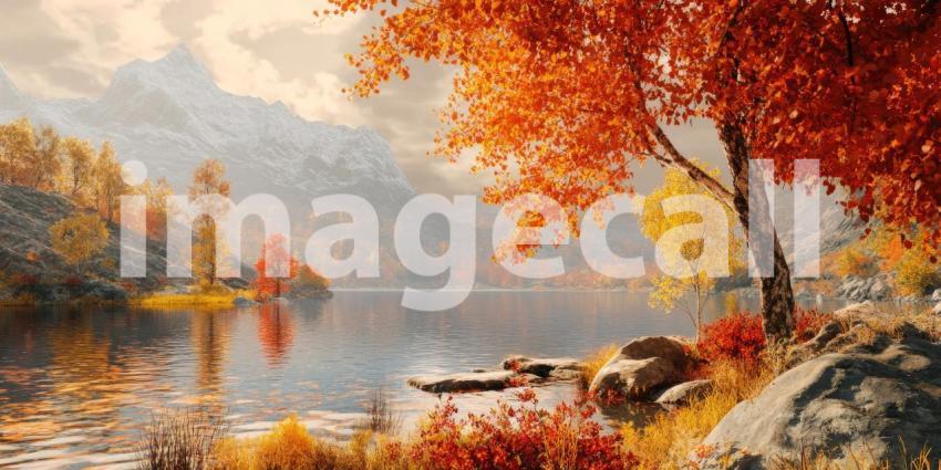 Autumn Mountain Lake Vista: Golden Trees and Snow-Capped Peaks Frame Still Waters, a Serene Landscape in Soft, Misty Light.