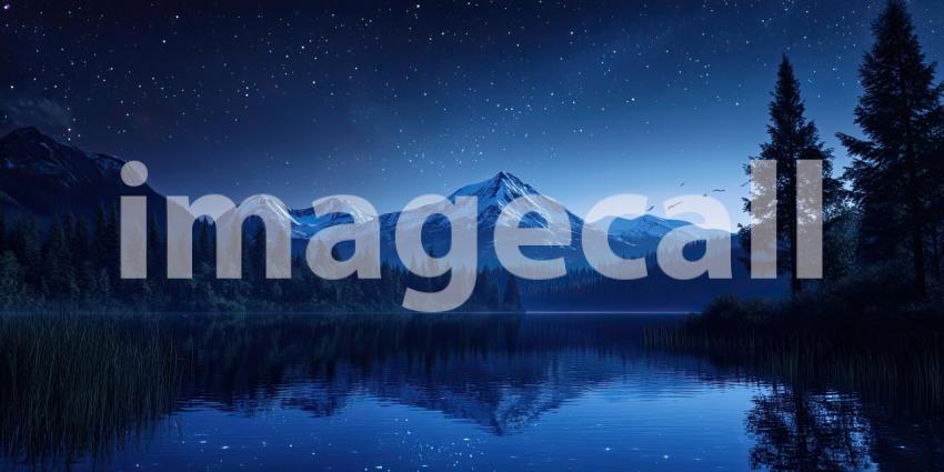 Starlit Mountain Lake: Fiery Sunset Glow Meets Night Sky, Reflections in Still Waters, a Serene Landscape of Contrasting Beauty.