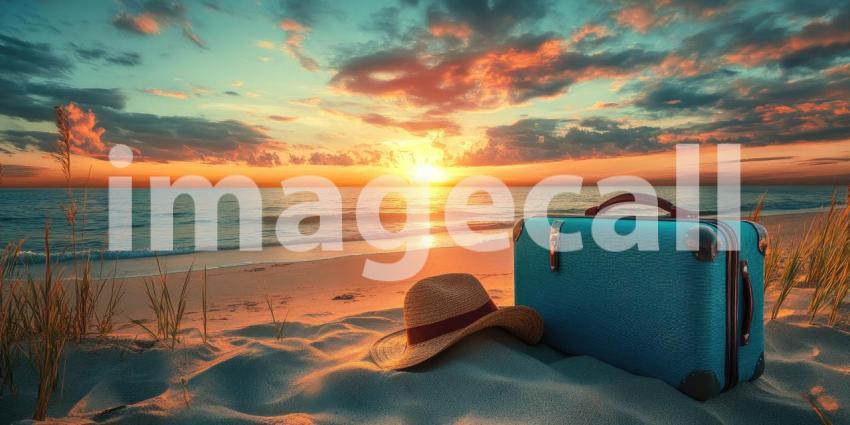 Beachside Getaway: Suitcase and Hat Await at Sunset Shore, a Tranquil Escape to Ocean's Edge and Painted Skies.